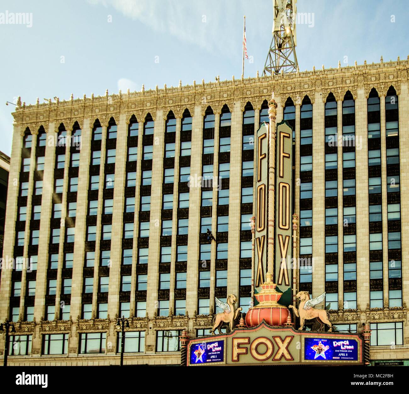 Exterior of the historic Fox Theater in downtown Detroit. The Fox opened in 1928 and continues to operate today, featuring Broadway plays and musicals Stock Photo