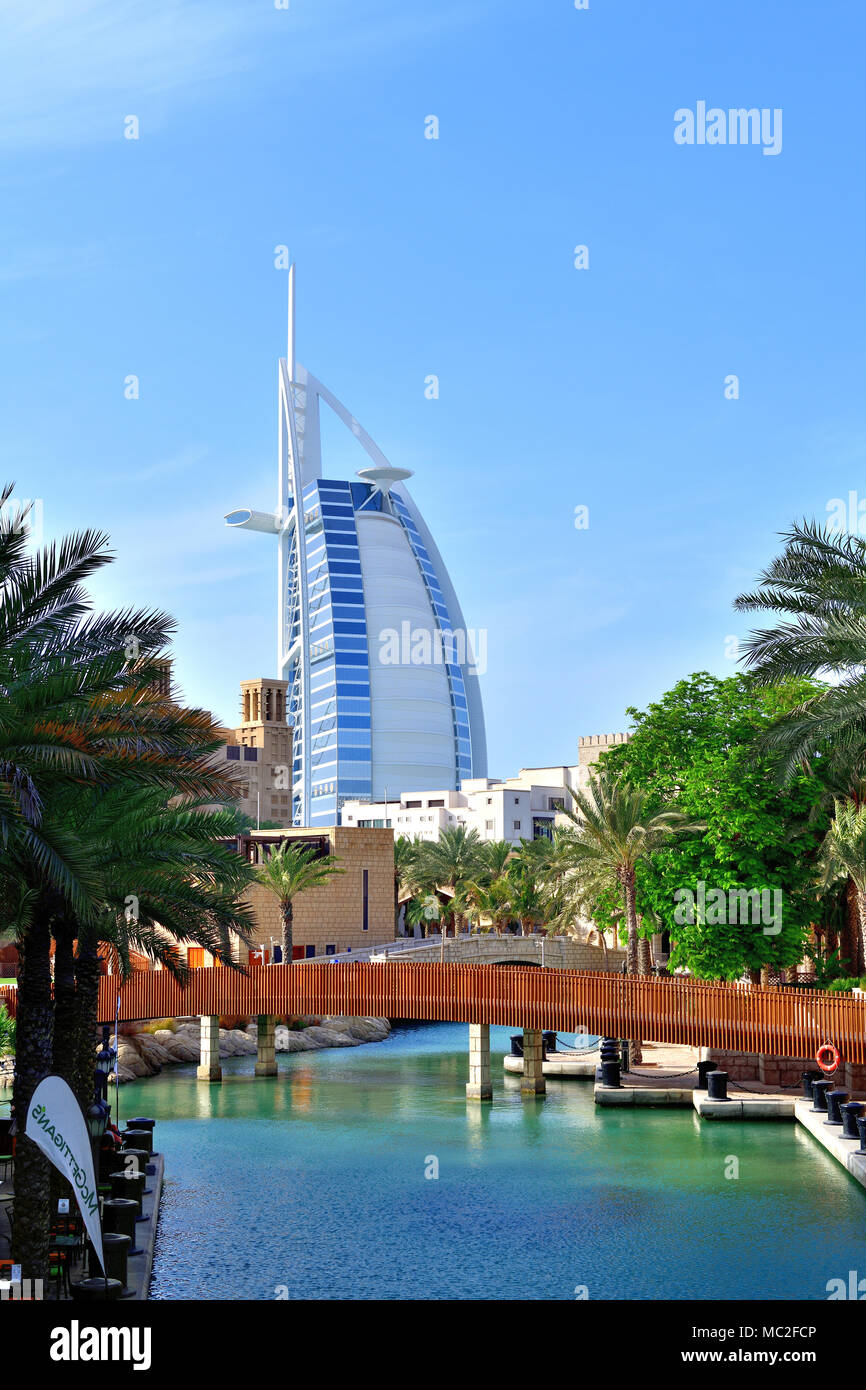 Dubai, UAE - April 8. 2018. Burj Al Arab - view from side of Madinat ...