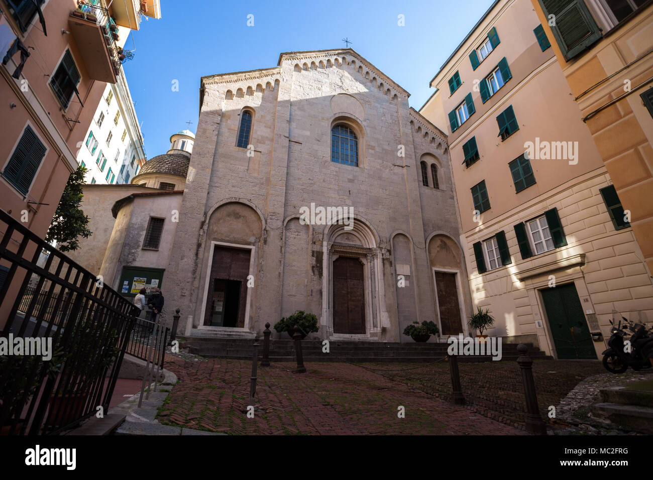 GENOA, ITALY, APRIL 5, 2018 - View of facade of Santa Maria di Castello church in old city centre of Genoa, Italy. Stock Photo