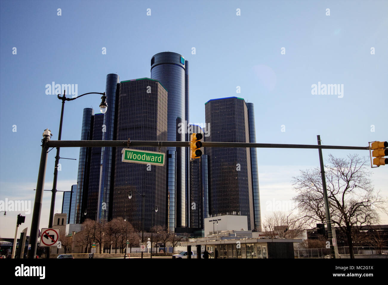 The towers of the Renaissance Center on the streets of downtown Detroit Michigan. The Renaissance Center is home to General Motors World headquarters Stock Photo