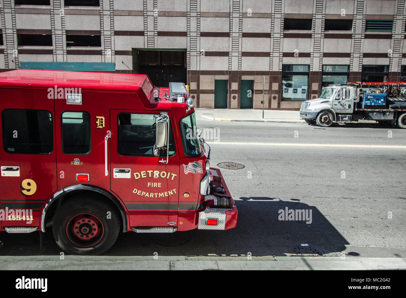 Detroit Fire Department responds to a call in the downtown business district of Detroit Michigan. Stock Photo
