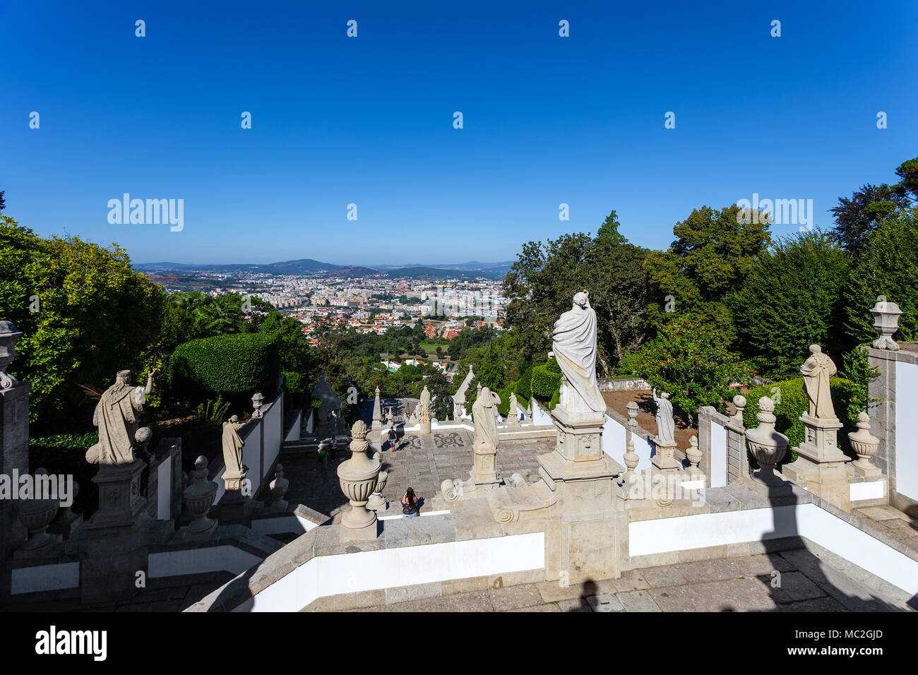 Braga, Portugal. The city of Braga seen from the top of the staircase of the Bom Jesus do Monte Sanctuary. Baroque architecture. Stock Photo