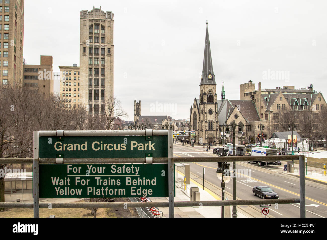 Detroit, Michigan, USA - March 28, 2018: The skyline and city streets of the historic Grand Circus Park neighborhood of downtown Detroit, Michigan. Stock Photo