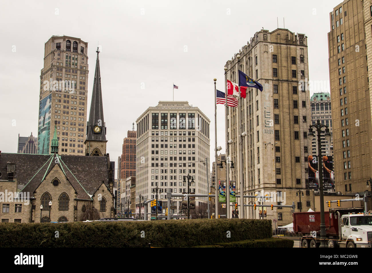 Detroit, Michigan, USA - March 28, 2018: The skyline and city streets of the historic Grand Circus Park neighborhood of downtown Detroit, Michigan. Stock Photo