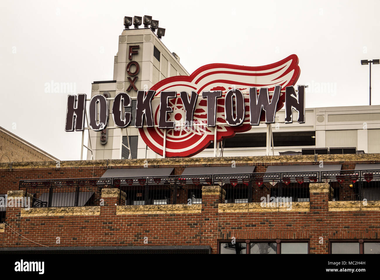 The Hockeytown Cafe has been voted the best sports bar in Detroit. It features Detroit Tigers and Red Wings memorabilia. Stock Photo