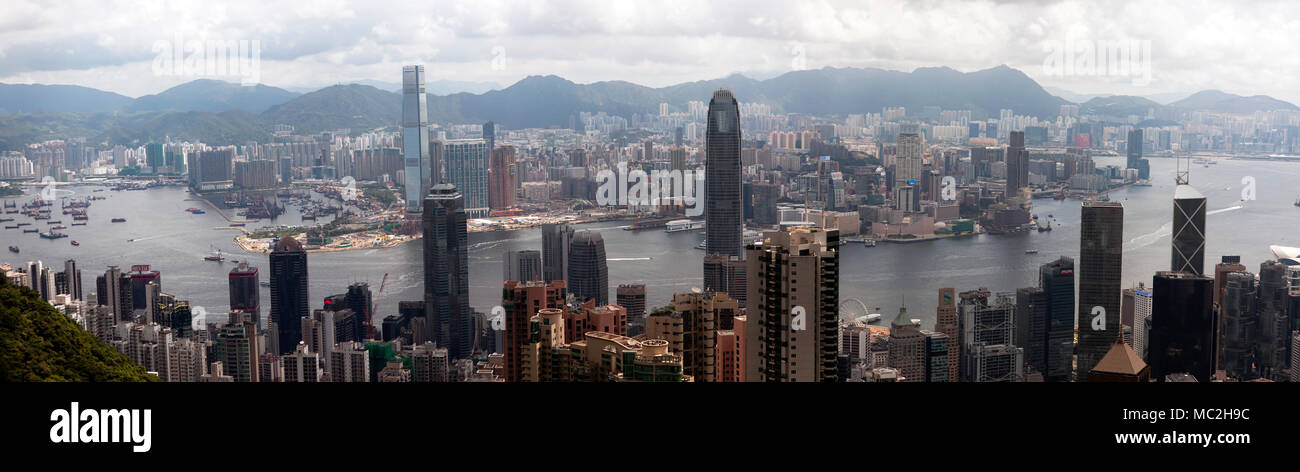 A Panoramic image of Hong Kong from the viewing terrace of Peak Tower below the summit of Victoria Peak Stock Photo