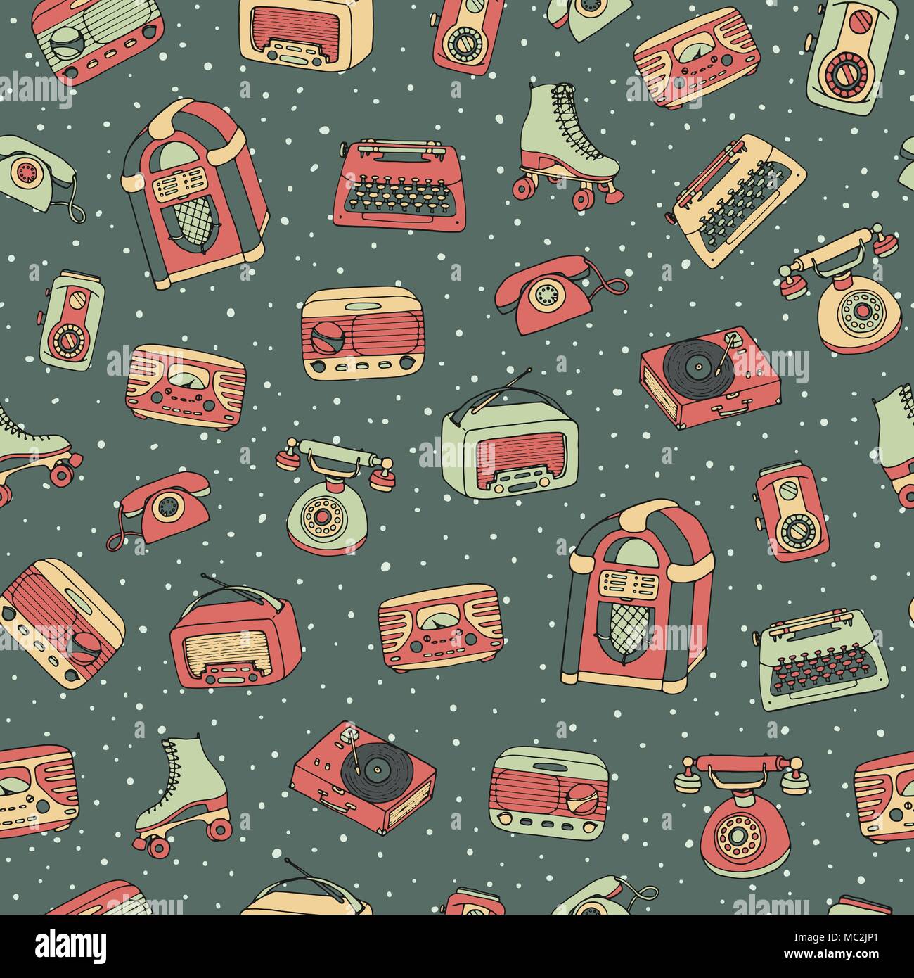 Vector retro seamless pattern with antique electronics, scooter, juke box, radio, typewriter, roller skates and vinyl record player on the dotted back Stock Vector