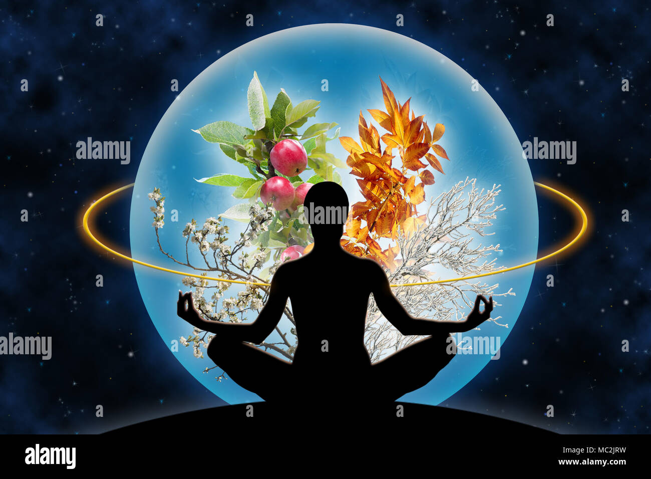 Female yoga figure against a space background and a planet (composed of four branches in different season of the year), as a concept for harmony with  Stock Photo