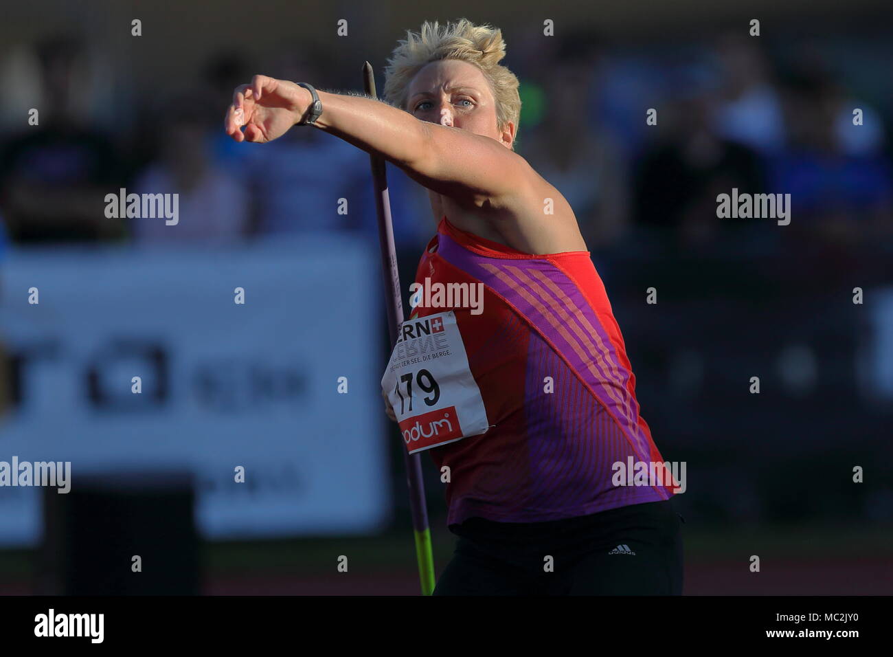 Lucerne, Switzerland. 17th, Jul 2012.  Christina Obergfoll of Germany in action during the Women's Javelin Throw event of the Meeting athletics compet Stock Photo
