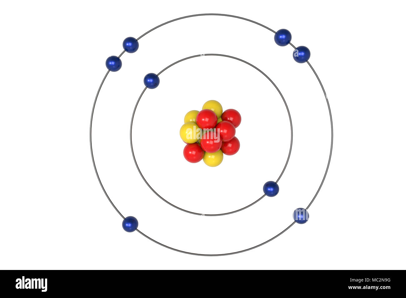Oxygen Atom Bohr model with proton, neutron and electron. 3d illustration Stock Photo
