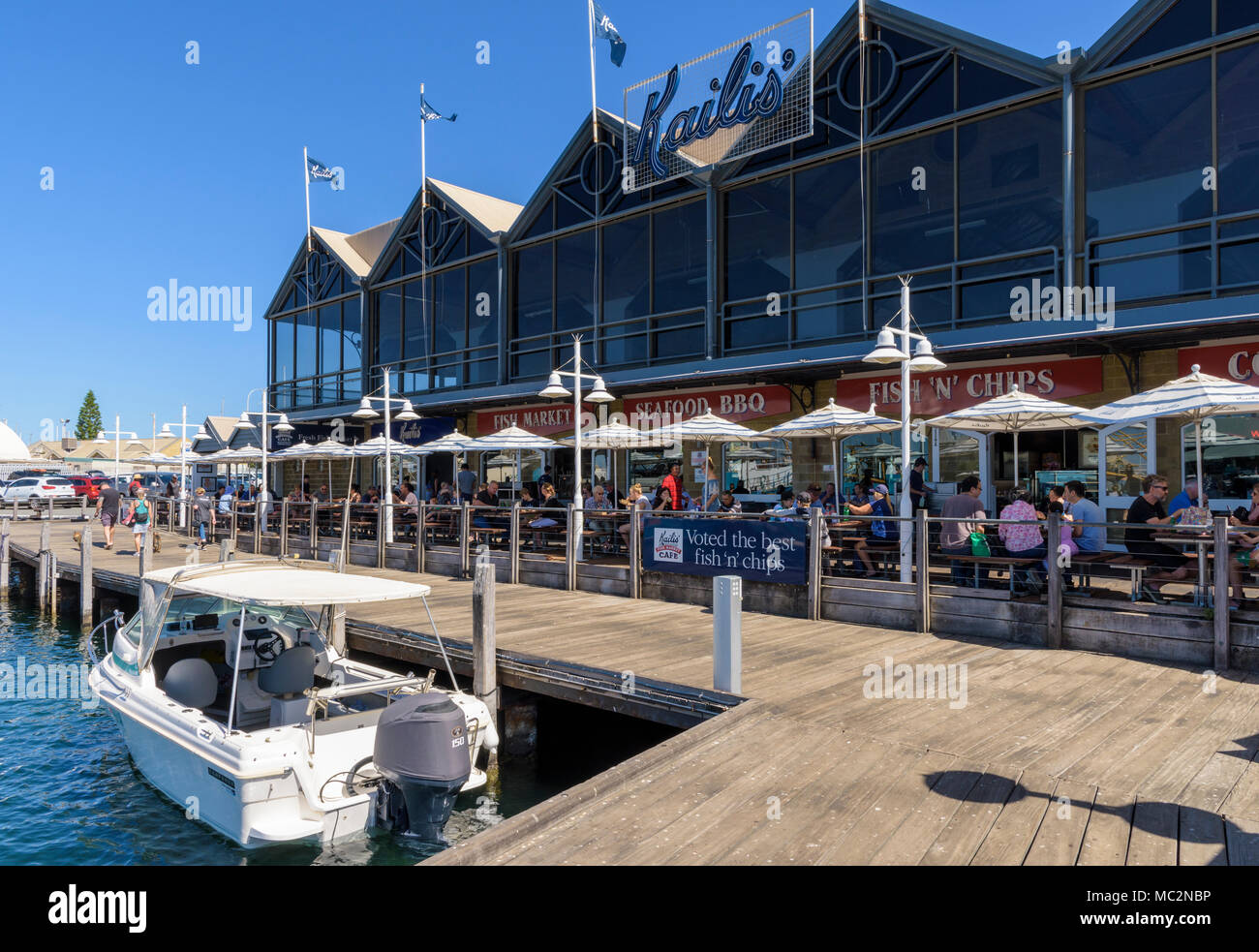 Kailis Bros seafood restaurant along the waterfront boardwalk at Fremantle Fishing Boat Harbour Fremantle, Western Australia, Australia Stock Photo