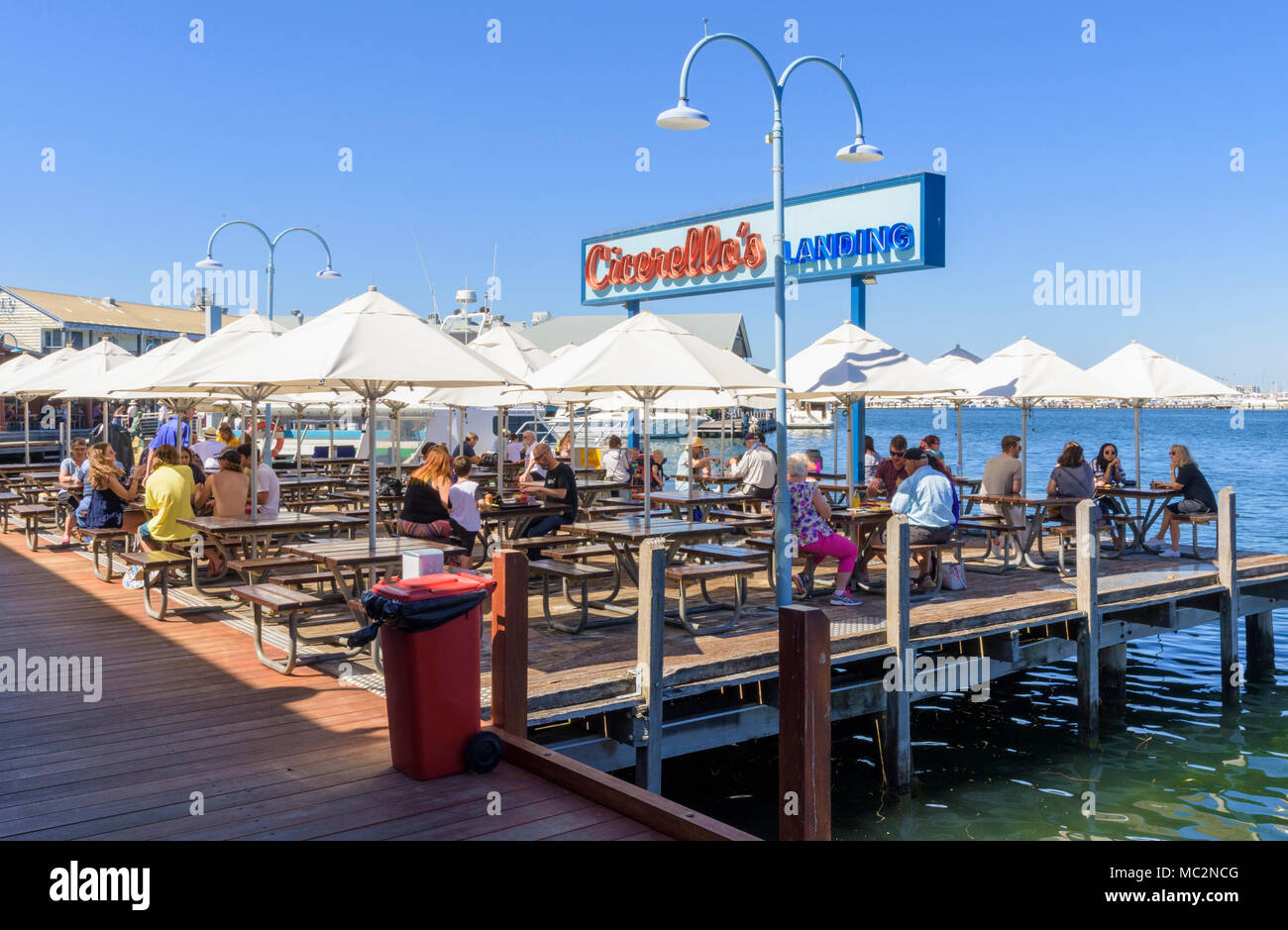 Cicerello's restaurant  wharf side tables at Fremantle Fishing Boat Harbour Fremantle, Western Australia, Australia Stock Photo
