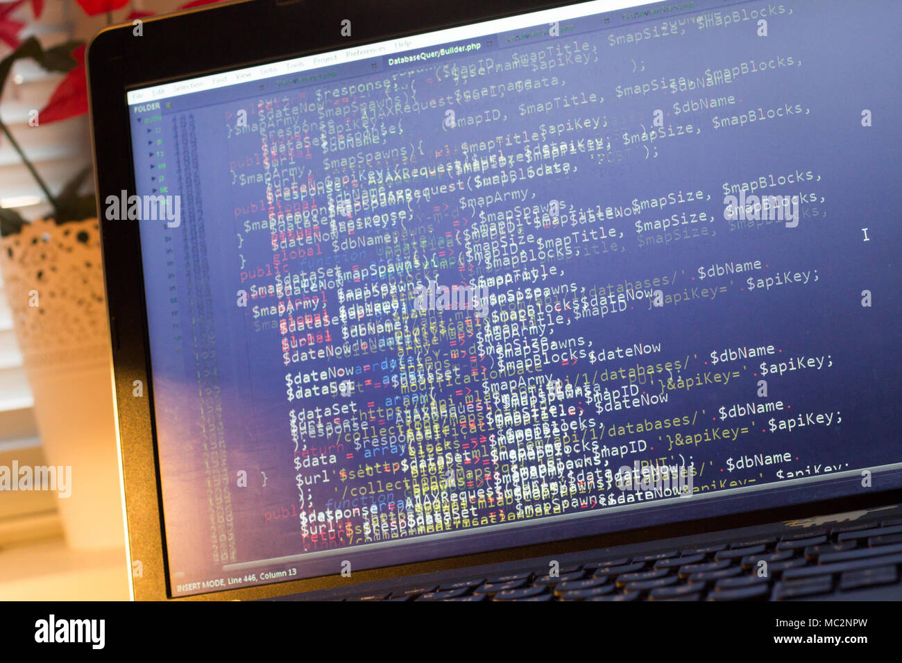 PHP back-end code. Computer programming source code. Abstract screen of web developer. Digital technology modern background. Code is created by mysel Stock Photo