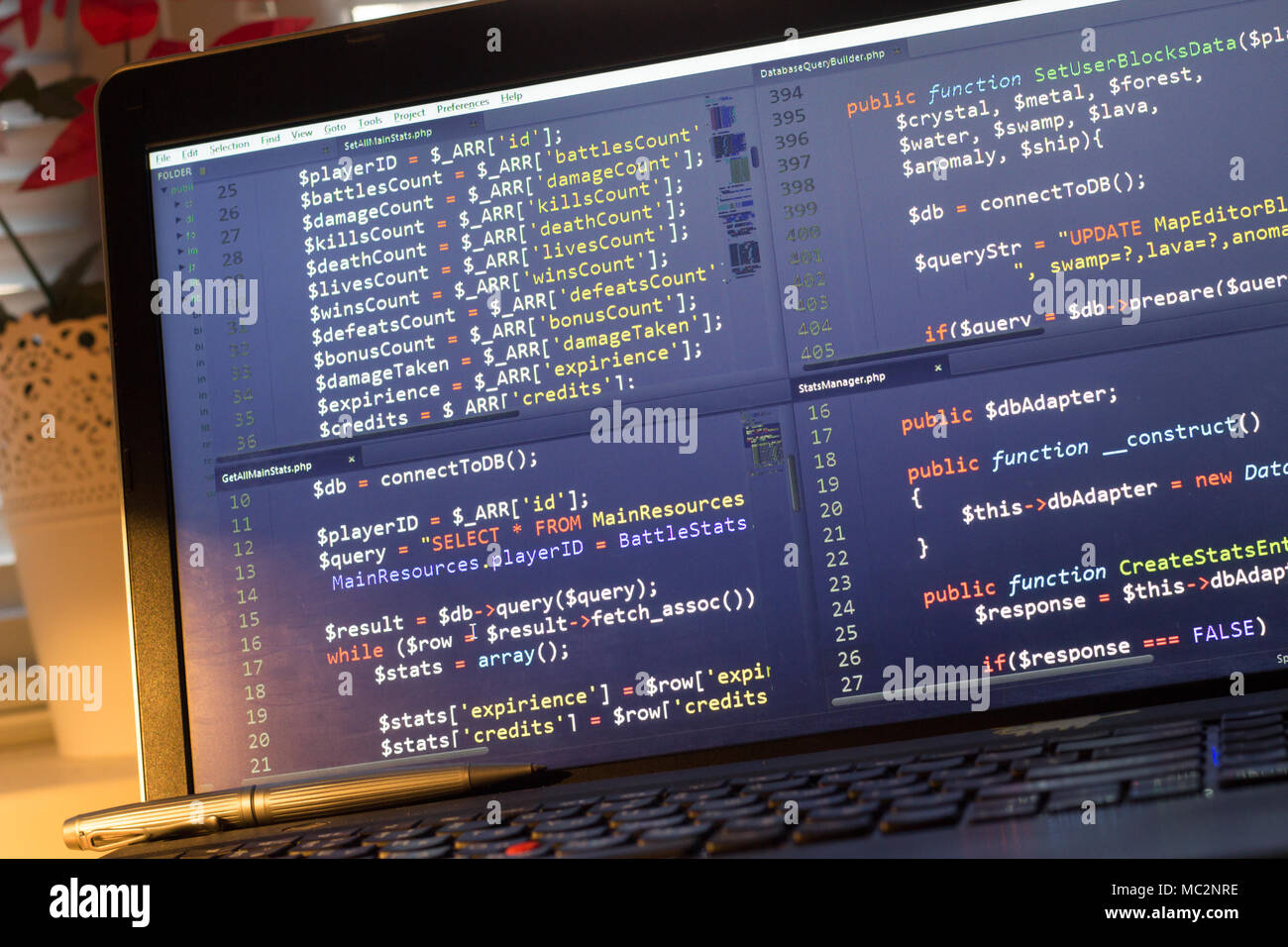 PHP back-end code. Computer programming source code. Abstract screen of web developer. Digital technology modern background. Code is created by mysel Stock Photo