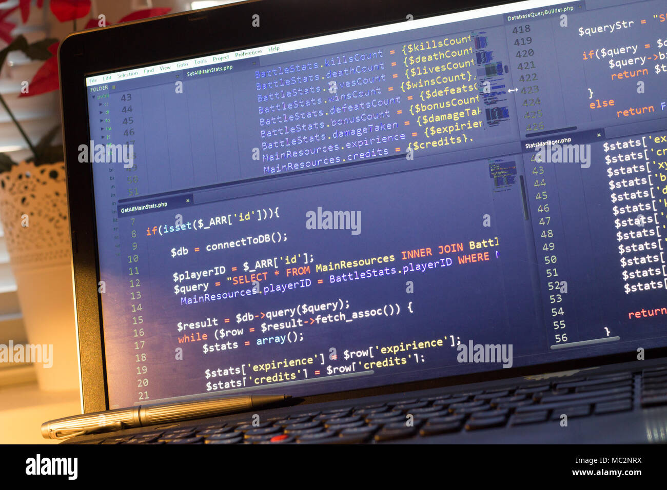 PHP back-end code. Computer programming source code. Abstract screen of web developer. Digital technology modern background. Code is created by mysel Stock Photo
