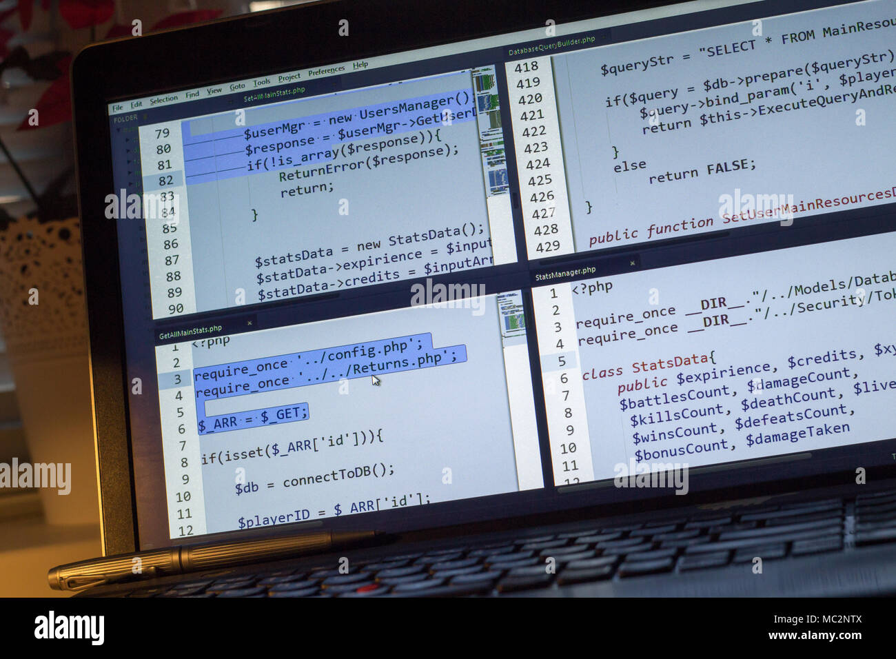 PHP back-end code. Computer programming source code. Abstract screen of web developer. Digital technology modern background. Code is created by mysel Stock Photo