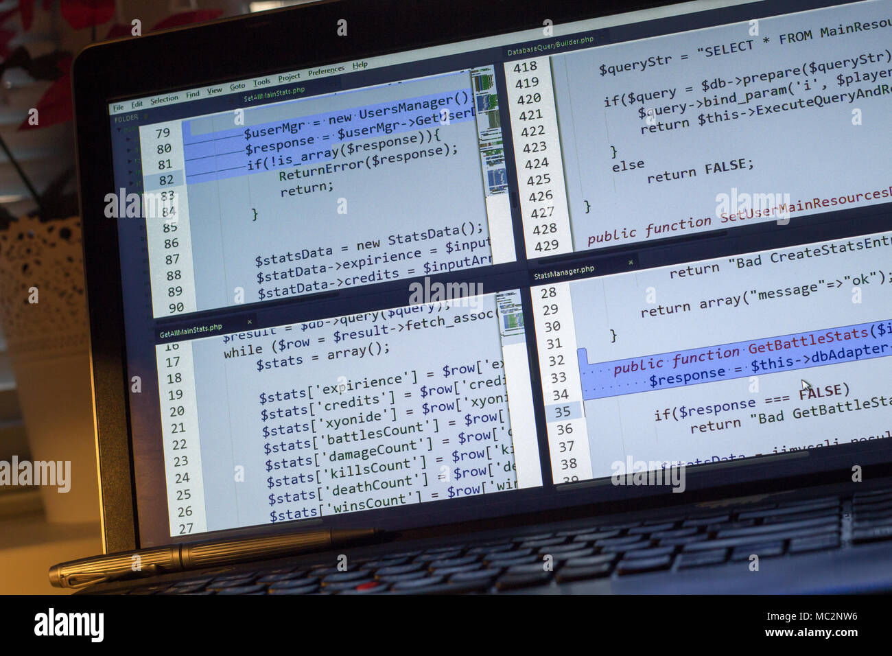 PHP back-end code. Computer programming source code. Abstract screen of web developer. Digital technology modern background. Code is created by mysel Stock Photo