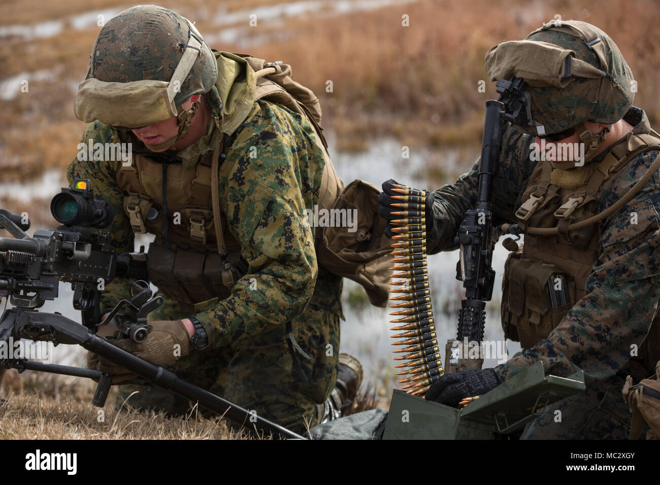 Marines with 1st Battalion, 2nd Marine Regiment, 2nd Marine Division, prepare a M240 machine gun at a platoon live-fire range during a training exercise at Camp Lejeune, N.C., Jan. 23, 2018. The training is meant to maintain proficiency at the squad and platoon-level of warfighting by patrolling, breaching obstacles, and conducting live-fire movements to take an objective. (U.S. Marine Corps photo by Lance Cpl. Ashley McLaughlin) Stock Photo