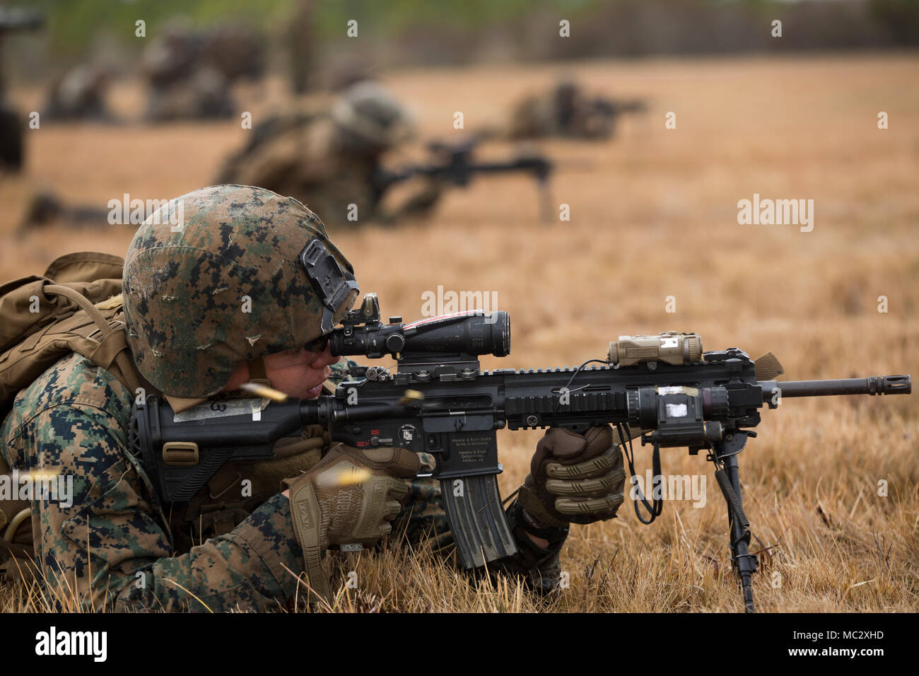 Marines with 1st Battalion, 2nd Marine Regiment, 2nd Marine Division, provide suppressive fire at a platoon live-fire range during a training exercise at Camp Lejeune, N.C., Jan. 23, 2018. The training is meant to maintain proficiency at the squad and platoon-level of warfighting by patrolling, breaching obstacles, and conducting live-fire movements to take an objective. (U.S. Marine Corps photo by Lance Cpl. Ashley McLaughlin) Stock Photo