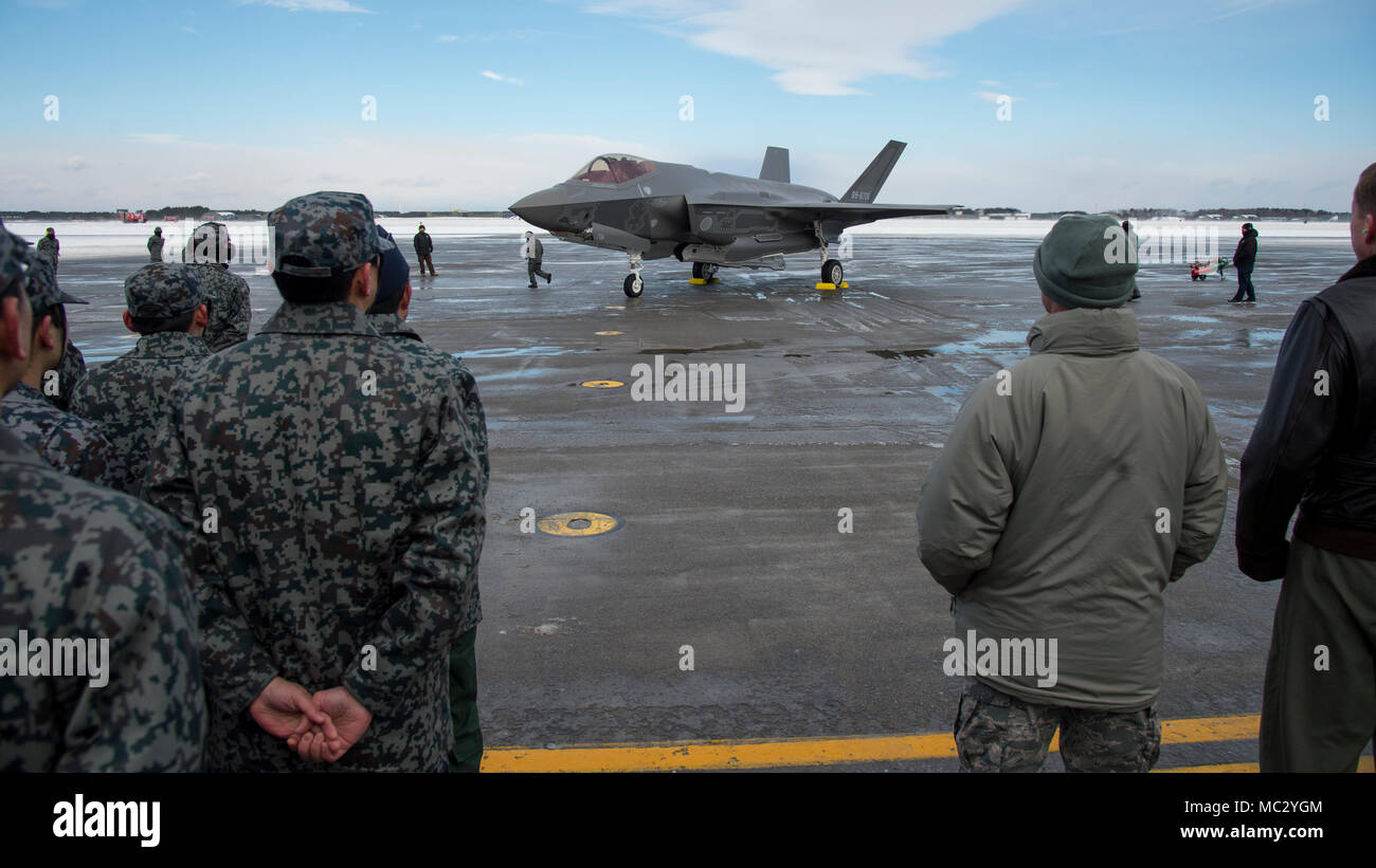 Japan Air Self Defense Force Members And 35th Fighter Wing And Naval Air Facility Misawa Leadership Watch The Arrival Of The First Jasdf F 35a At Misawa Air Base Japan Jan 26 18 The Aircraft
