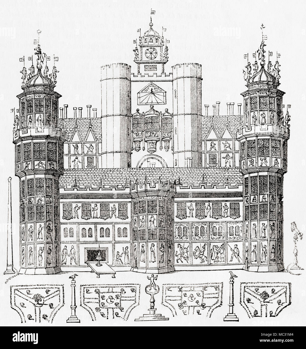 Nonsuch Palace, a Tudor royal palace, built by Henry VIII in Surrey, England which stood from 1538 to 1682–3.  From Old England: A Pictorial Museum, published 1847. Stock Photo