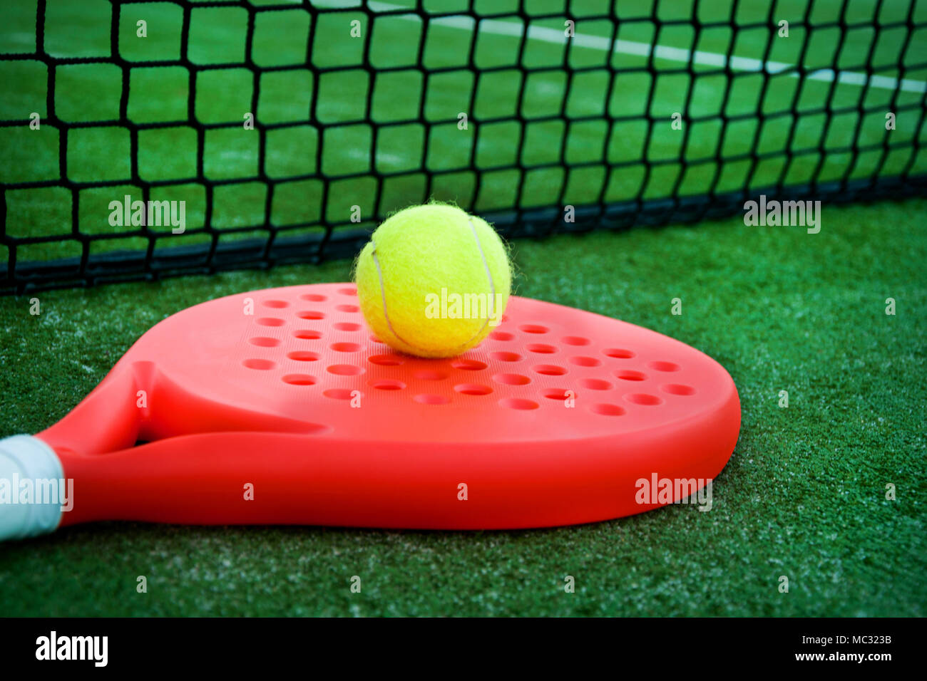 Paddle tennis racket, ball and net on the grass Stock Photo Alamy
