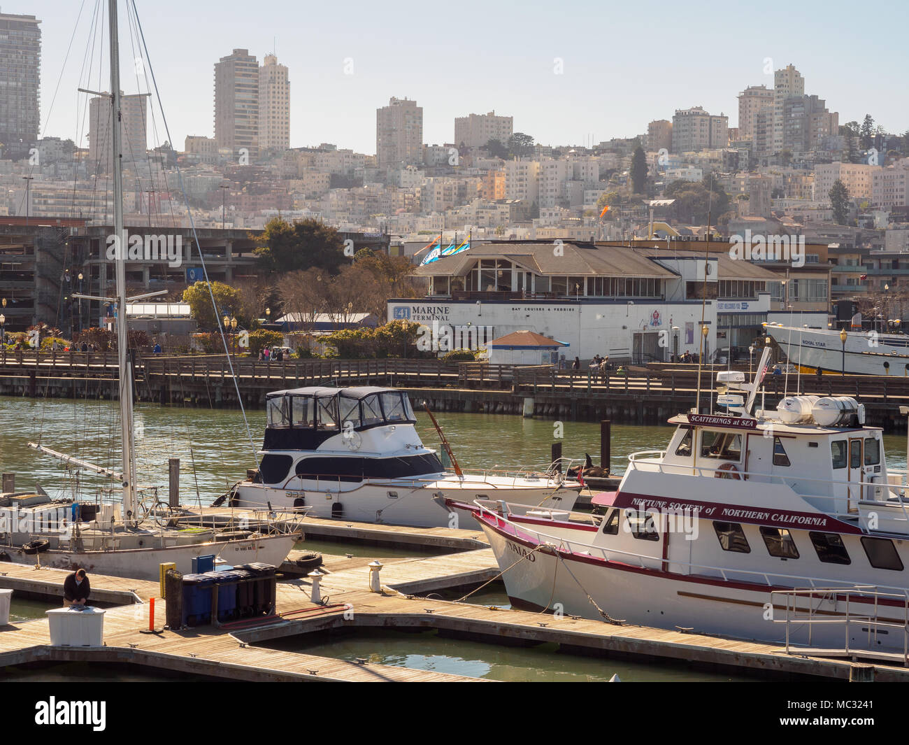 San Francisco, California - Feb 17, 2018 : Scenery of Pier 39 fisherman's wharf at San Francisco, which is a famous tourist spot. Stock Photo