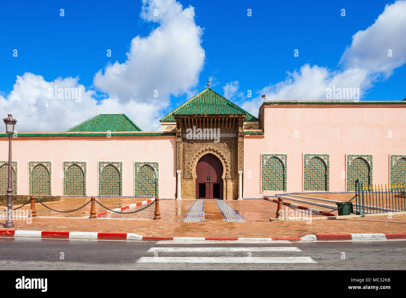 The Mausoleum of Moulay Ismail in Meknes in Morocco. Mausoleum of Moulay Ismail is a tomb and mosque located in the Morocco city of Meknes. Stock Photo