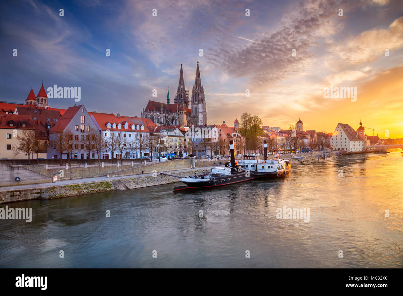 Regensburg. Cityscape image of Regensburg, Germany during spring sunset. Stock Photo