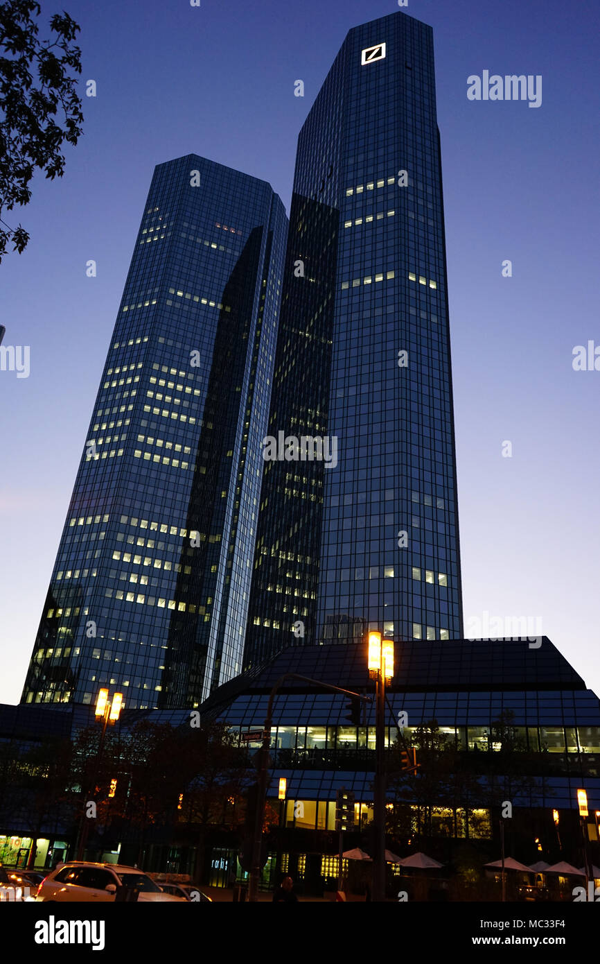 Deutsche Bank company headquarters building,  twin tower skyscraper complex, central business district called Bankenviertel in Frankfurt, Germany Stock Photo