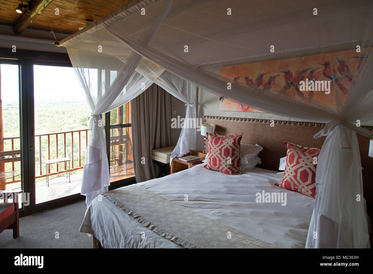 Guestroom at Victoria Falls Safari Lodge in Zimbabwe. The room overlooks Victoria Falls National Park. Stock Photo