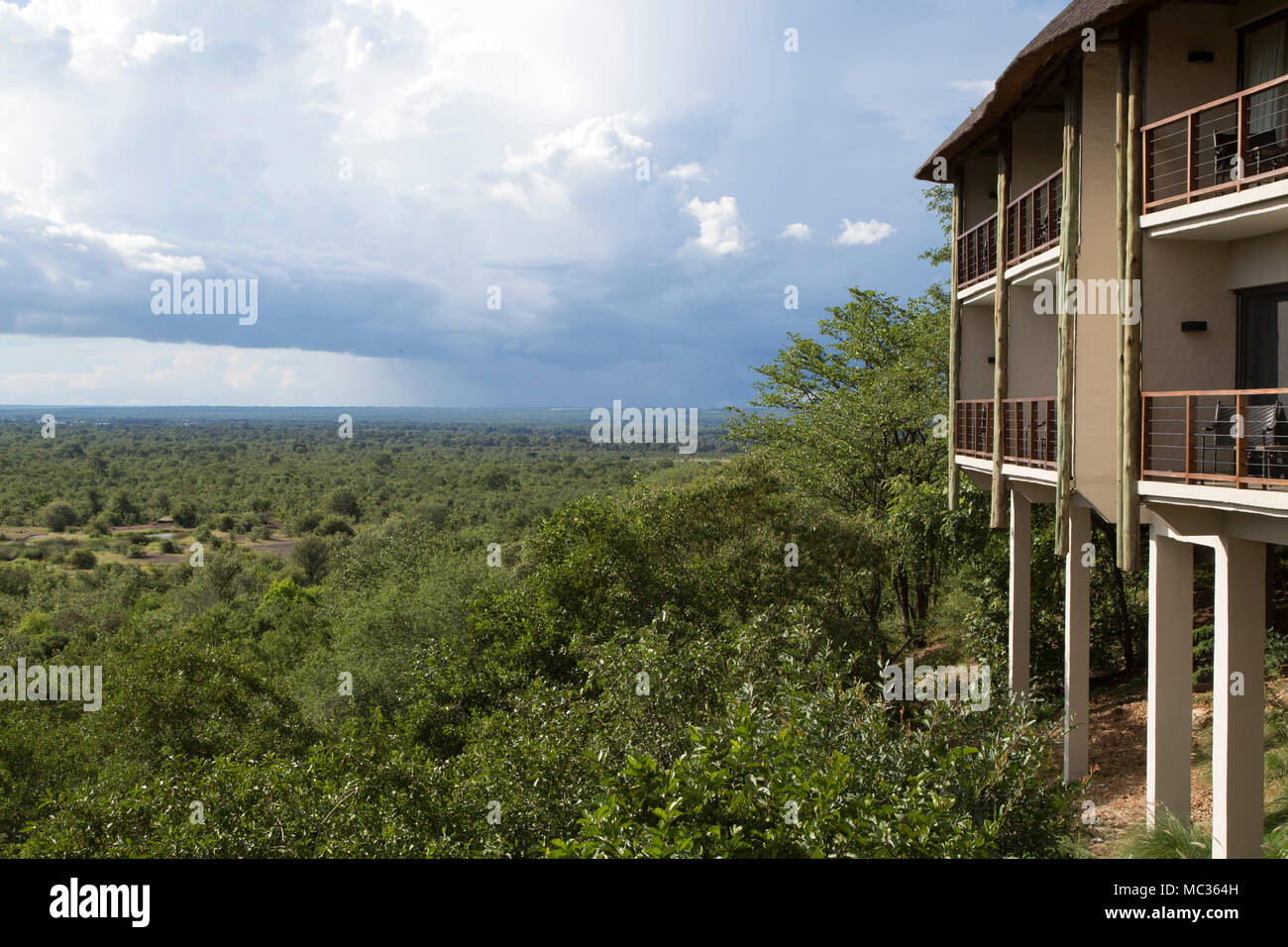 Victoria Falls National Park seen from Victoria Falls Safari Lodge in Zimbabwe. The bush is seen during the Green Season (the rainy season). Stock Photo