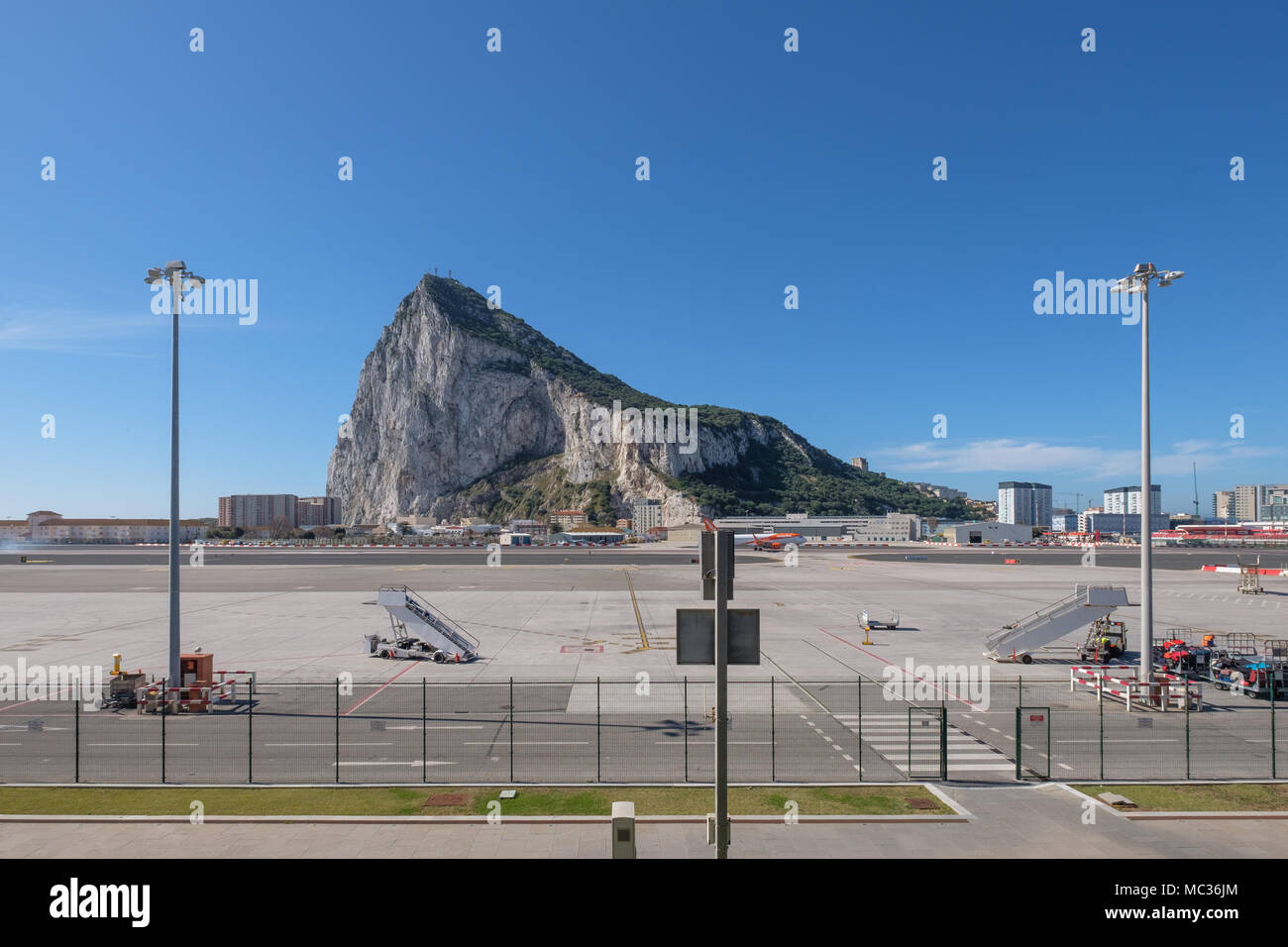 GIBRALTAR, SPAIN: 12-MAY 2017: Rock of Gibraltar  viewed from Gibralta Airport on a sunny day in May 2017. Stock Photo