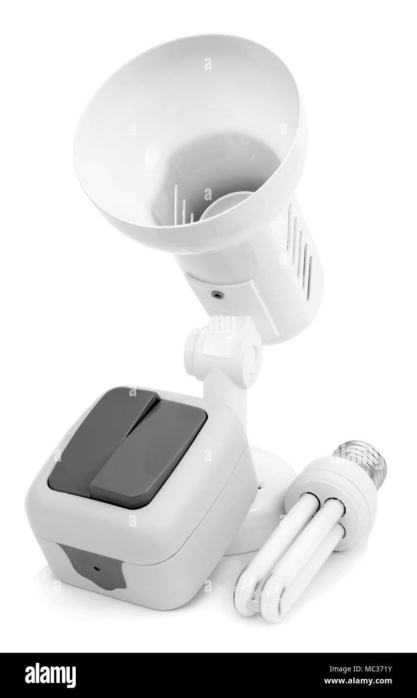 Lamp, light bulb and switch on a white background Stock Photo
