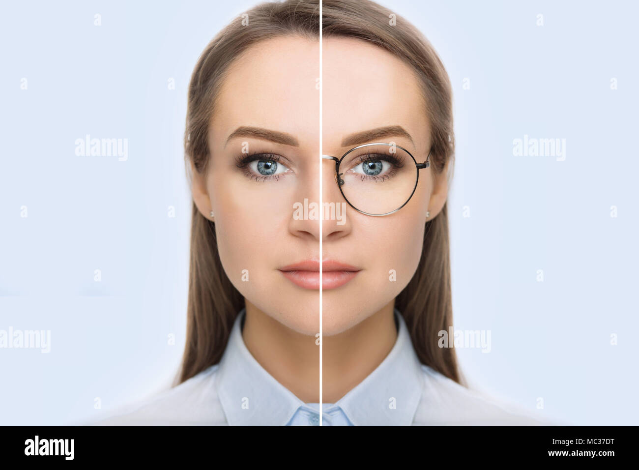 female face with glasses and without glasses Stock Photo