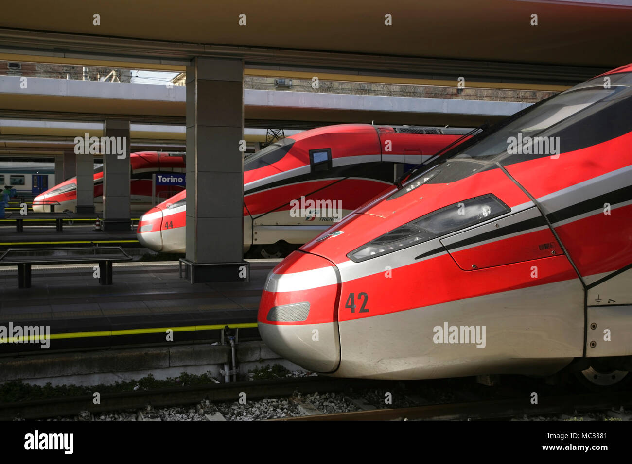 Frecciarossa 1000 (ETR 400) 400kph high speed trains at Turin Porta Nuova railway station, Italy. Stock Photo
