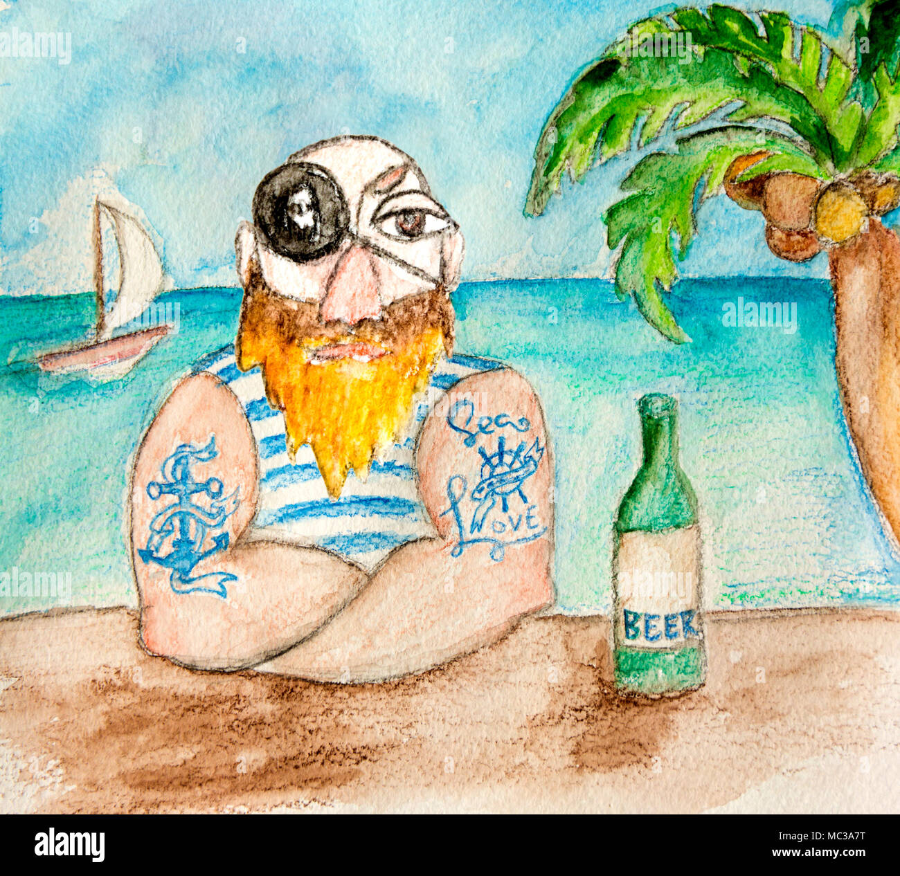 Pirate in the blue striped vest with beer on sea background. Seamen with beard and blue tattoo in beach bar. Hand drawn illustration. Stock Photo