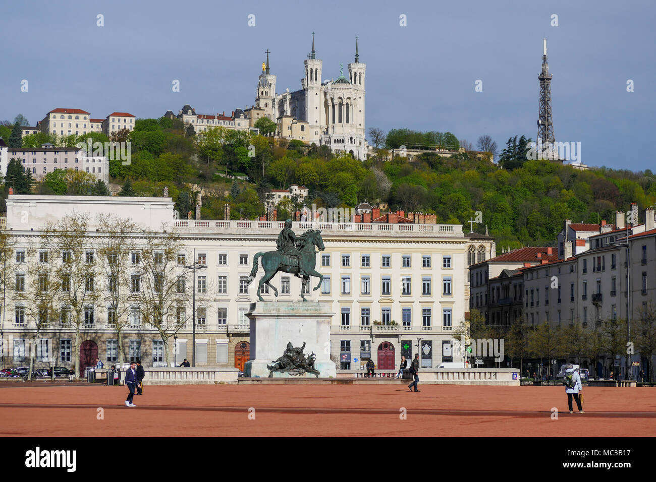 Fourviere basilica, seen from Bellecour square, Lyon, France Stock Photo