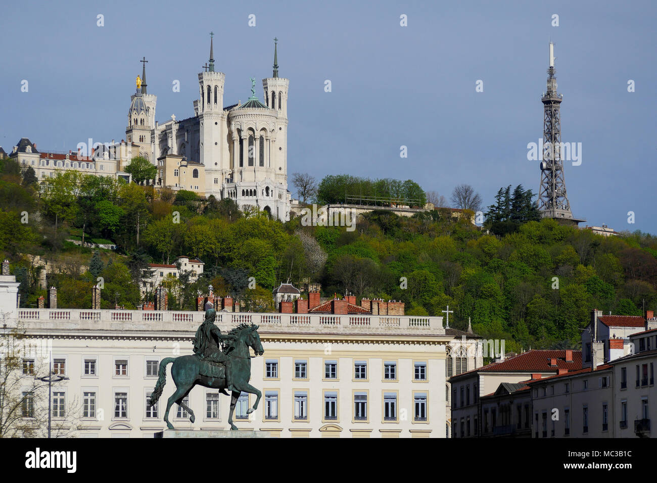 Fourviere basilica, seen from Bellecour square, Lyon, France Stock Photo