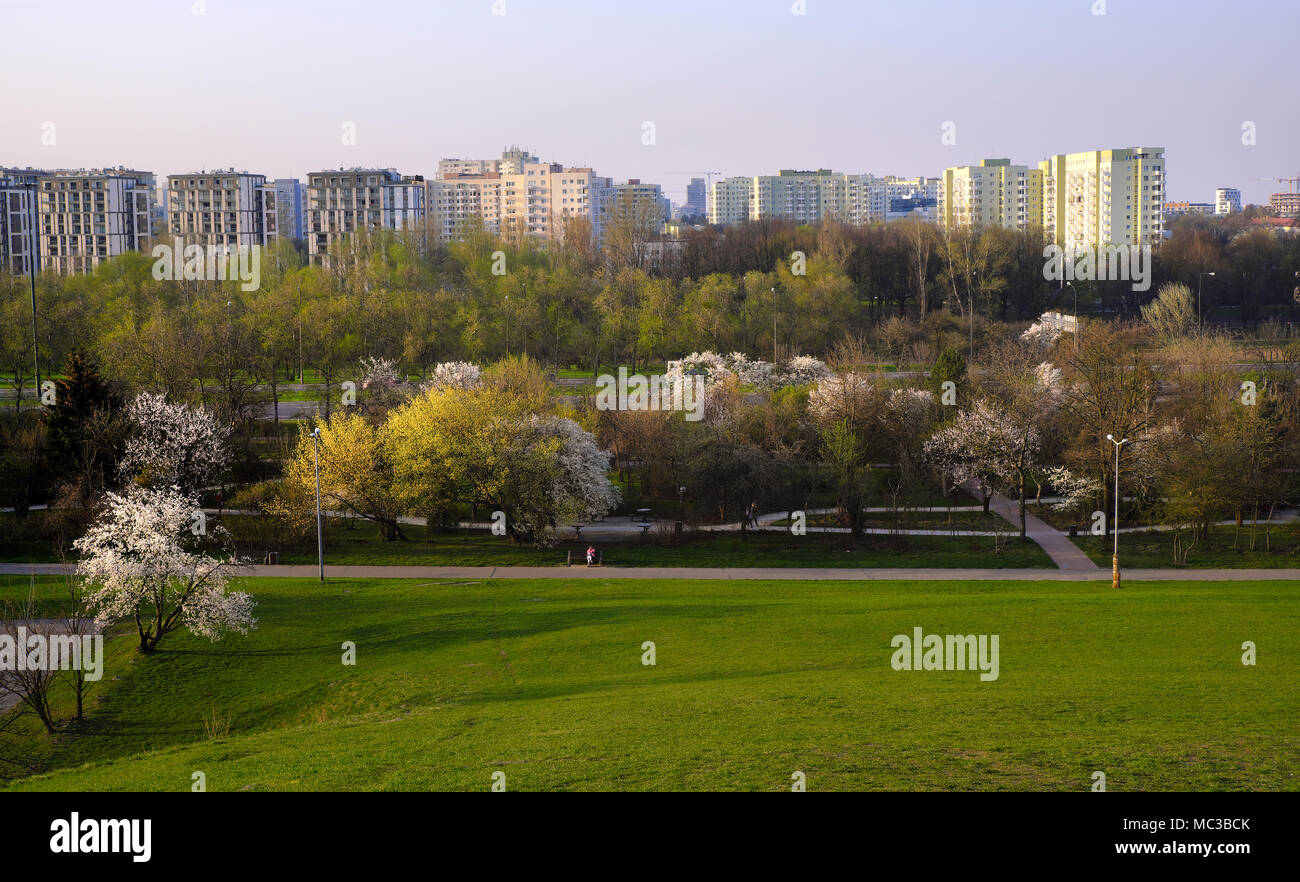 Warsaw, Mazovia / Poland - 2018/04/12: Panoramic view of Sluzew quarter - residential and utility district in southern Warsaw, combining post socialis Stock Photo