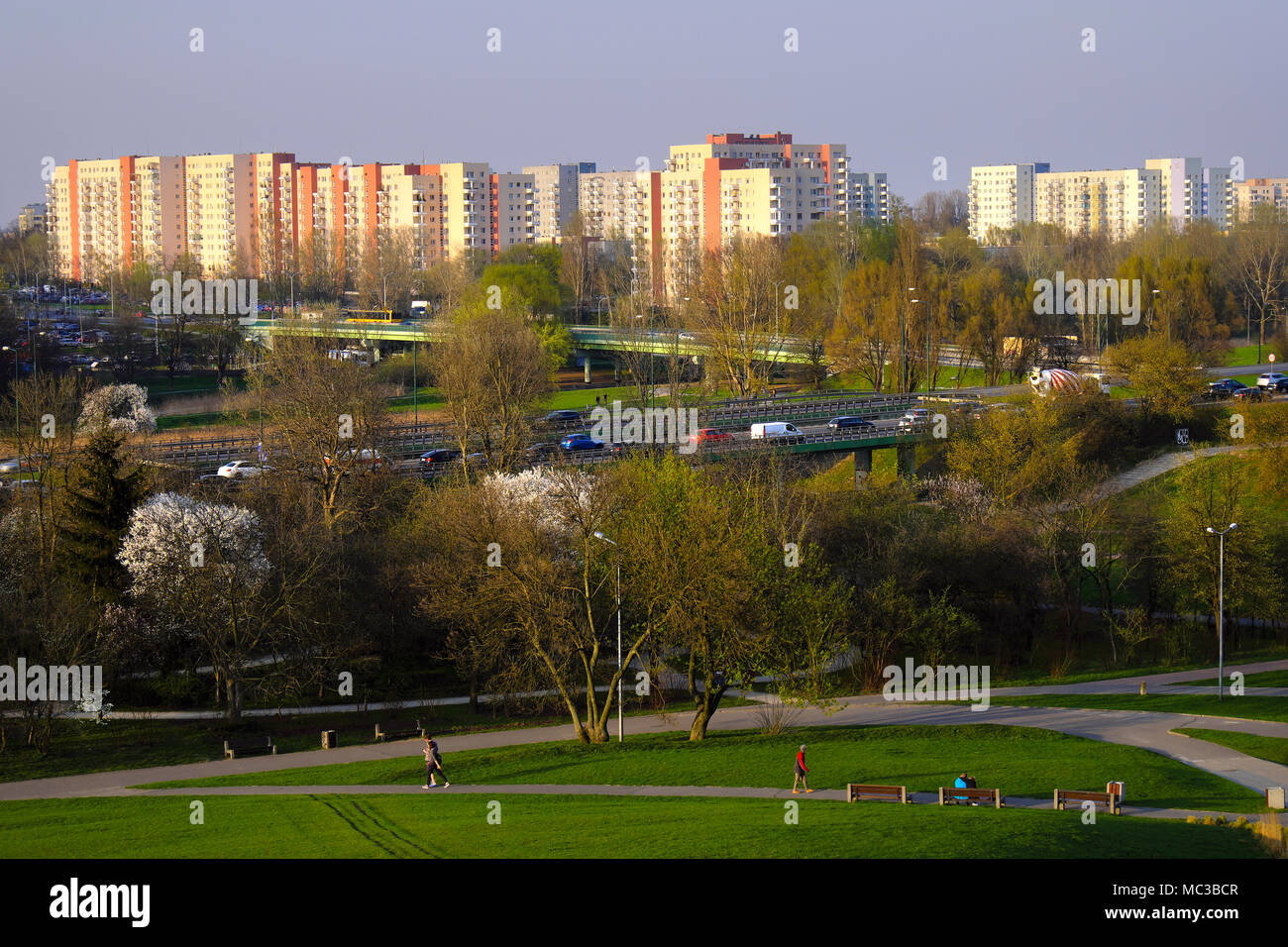 Warsaw, Mazovia / Poland - 2018/04/12: Panoramic view of Sluzew quarter - residential and utility district in southern Warsaw, combining post socialis Stock Photo