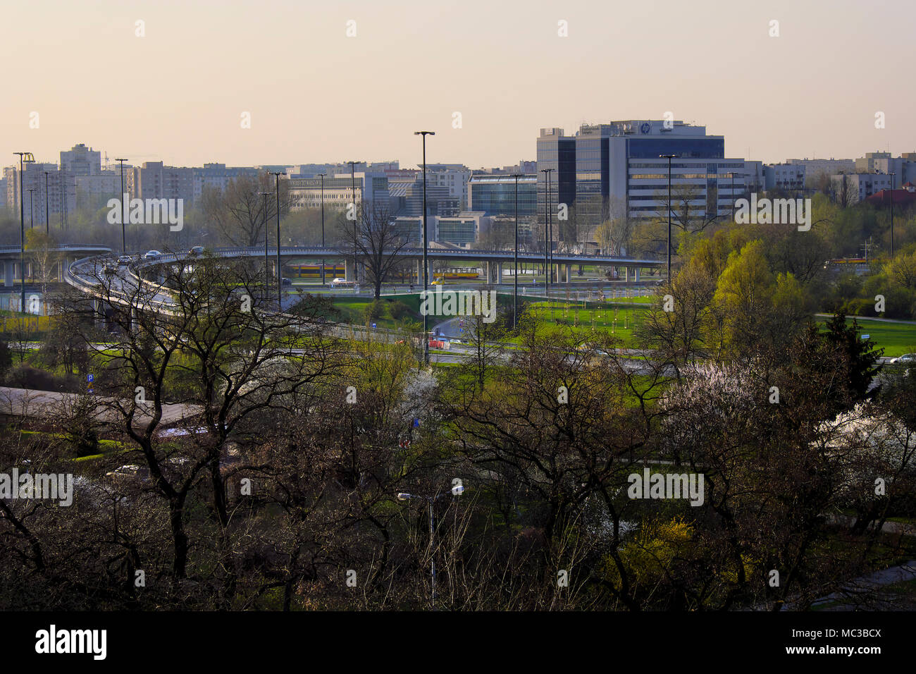 Warsaw, Mazovia / Poland - 2018/04/12: Panoramic view of New Mokotow quarter - residential and business district in southern Warsaw, featuring multi-f Stock Photo