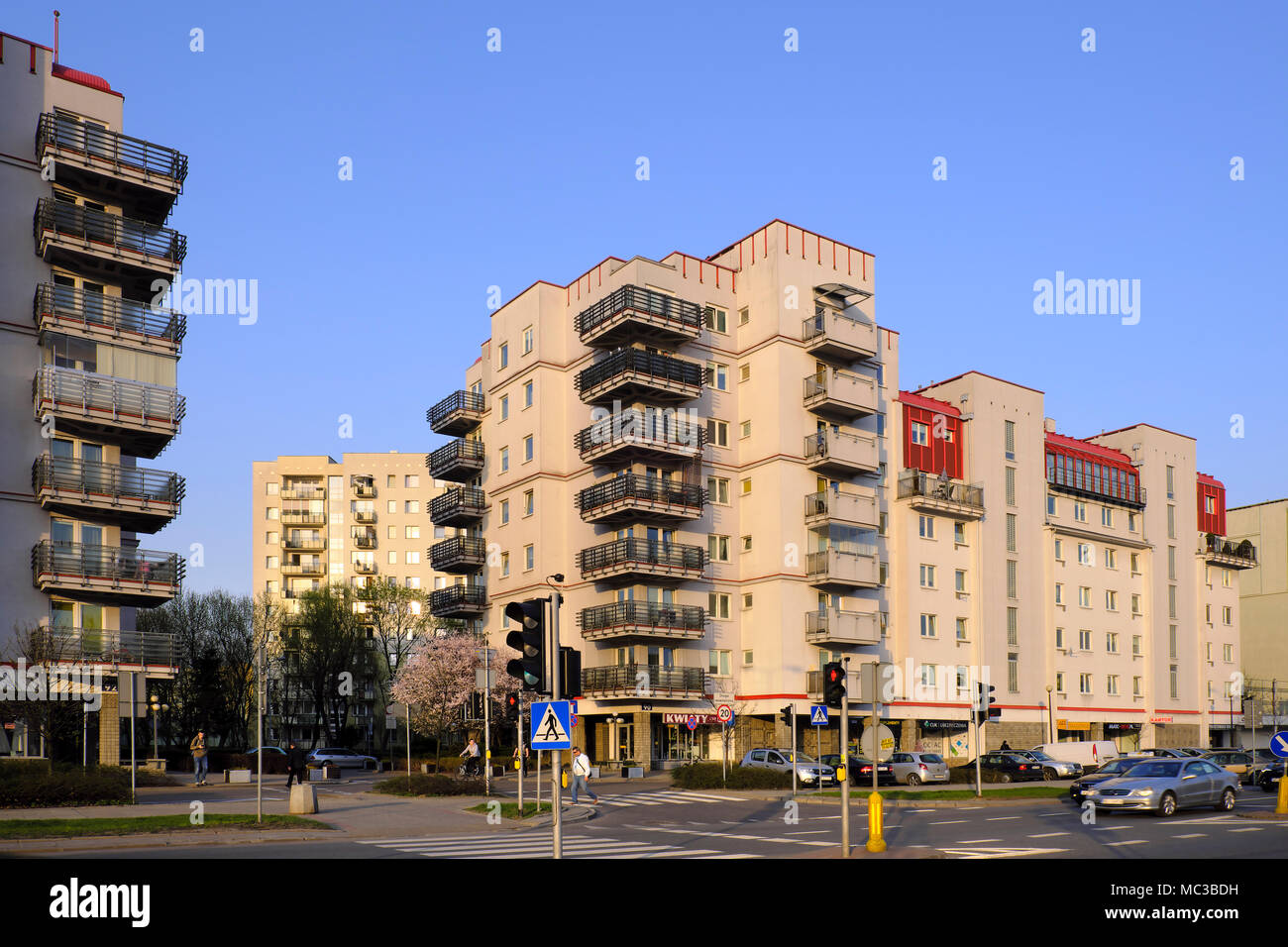 Warsaw, Mazovia / Poland - 2018/04/12: Stoklosy quarter in Ursynow - residential district in southern Warsaw featuring modern housing with along main  Stock Photo