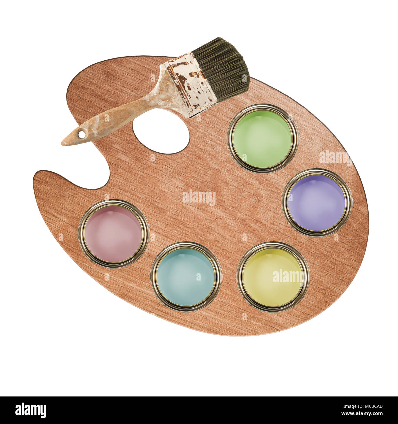 colourful paint pots on an artists palette Stock Photo Alamy