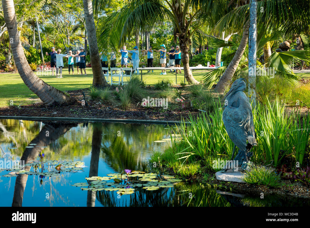 Tai Chi class on the lawn by a pond at Naples Botanical Gardens, Naples, Florida, USA Stock Photo