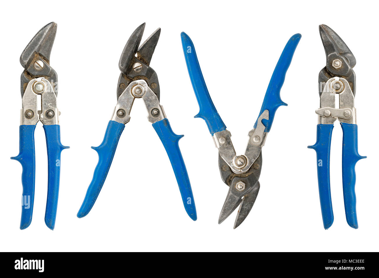 old blue tin snips, right, left, open and closed, isolated on white