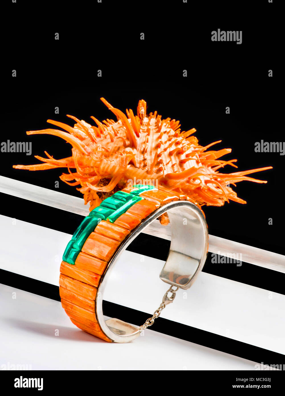 Navajo silver bracelet made from orange spiny oyster with spiny oyster shell in background. Stock Photo