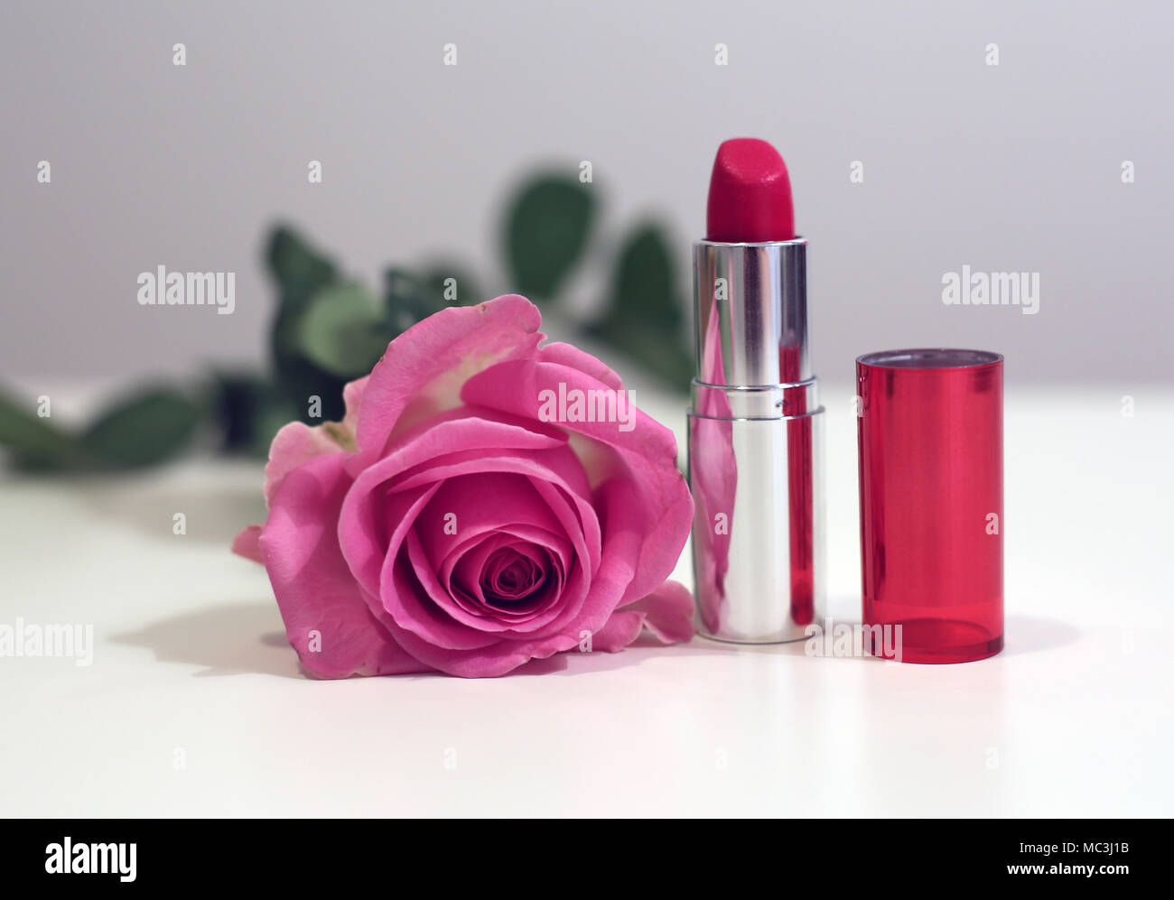 A pink romantic rose on a white table with a pink lipstick. Beautiful and feminine photo with a lot of trendy light tones and pink. Stock Photo