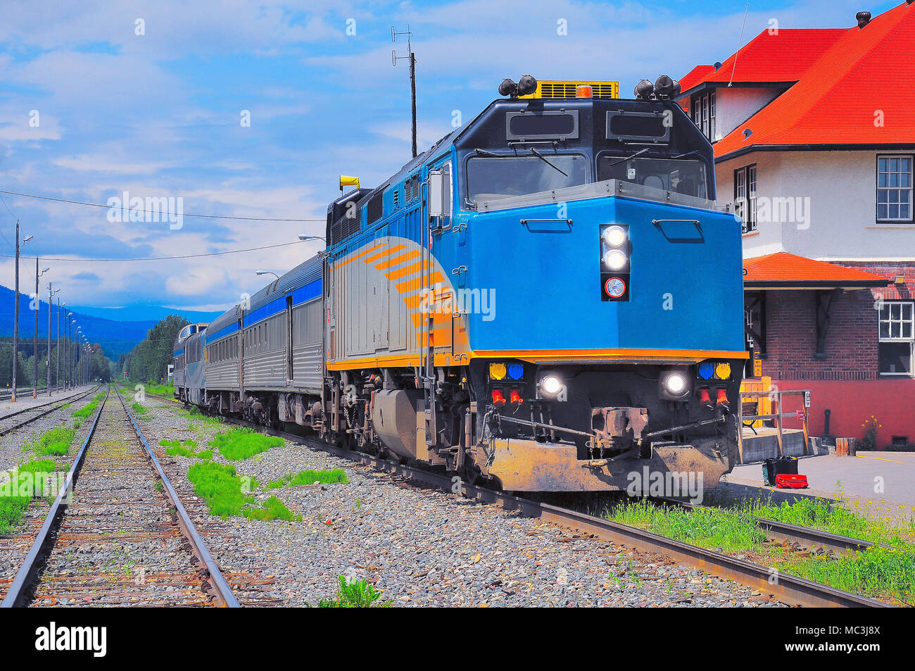 Passenger train from Prince Rupert to Prince stands on the station for changing