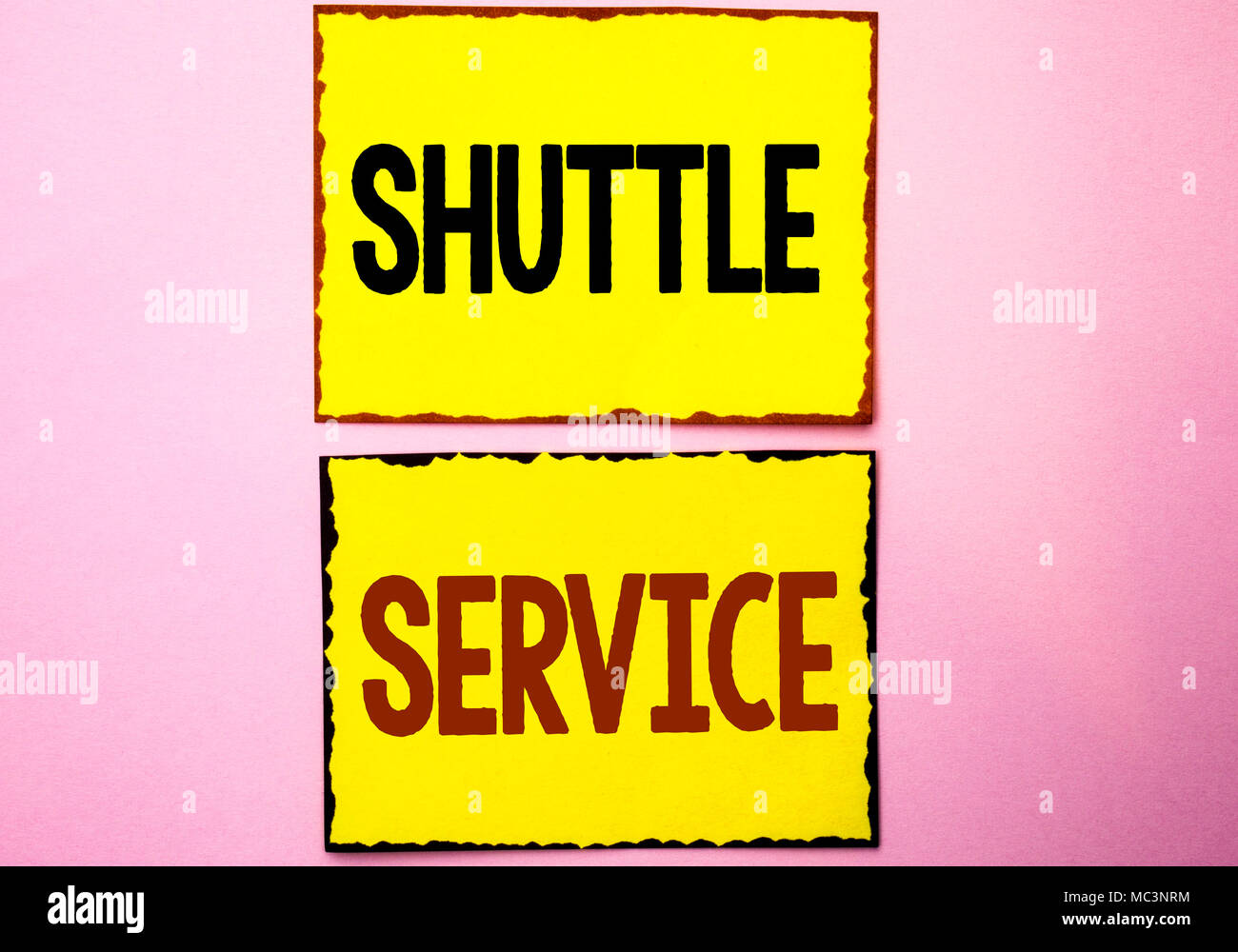 Word writing text Shuttle Service. Business concept for Transportation Offer Vacational Travel Tourism Vehicle written Yellow Sticky Notes the Pink ba Stock Photo